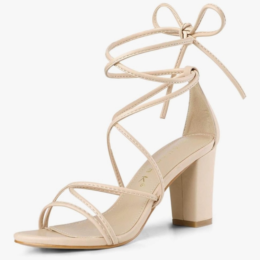 Allegra K Tan Strappy Heels with Block Heel
